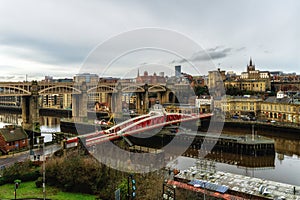 Newcastle-upon-Tyne, England, UK. Swing Bridge in Middle Ground, High Level Bridge in Background, linking Gateshead to Newcastle