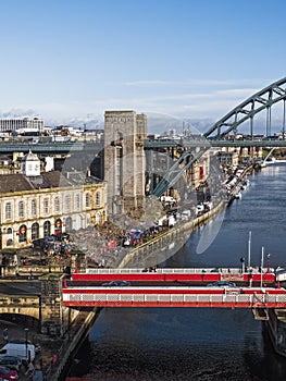 Newcastle upon Tyne quayside with Swing and Tyne bridges