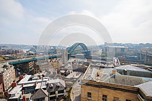 Newcastle upon Tyne UK: April 2022 a panoramic shot of the famous Newcastle Quayside and Tyne Bridge from a high viewpoint