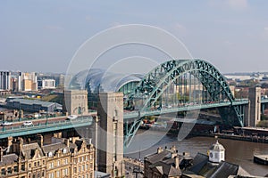 Newcastle upon Tyne UK: April 2022 a panoramic shot of the famous Newcastle Quayside and Tyne Bridge from a high viewpoint