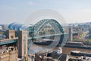 Newcastle upon Tyne UK: April 2022 view of the famous Newcastle Quayside and Tyne Bridge from a high viewpoint at Above in