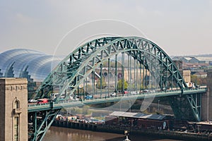 Newcastle upon Tyne UK: April 2022 view of the famous Newcastle Quayside and Tyne Bridge from a high viewpoint at Above in