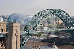 Newcastle upon Tyne UK: April 2022 view of the famous Newcastle Quayside and Tyne Bridge from a high viewpoint at Above in