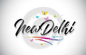 NewDelhi Handwritten Vector Word Text with Butterflies and Colorful Swoosh photo