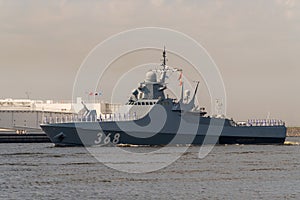 The newest patrol ship passes along Kronstadt during the celebration of The Day of the Navy. 28 July 2019.