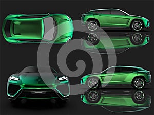 The newest sports all-wheel drive green premium crossover in a black studio with a reflective floor. 3d rendering.