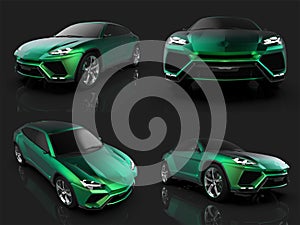 The newest sports all-wheel drive green premium crossover in a black studio with a reflective floor. 3d rendering.