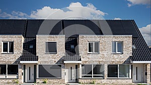 Newly build houses with solar panels attached on the roof against a sunny sky