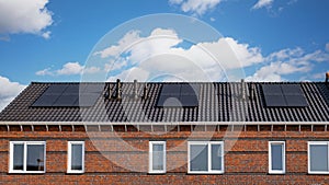 Newly build houses with solar panels attached on the roof against a sunny sky