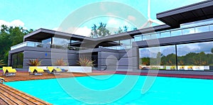 Newly built country mansion with own wind turbine for the autonomous electricity. Large pool in the courtyard. 3d rendering