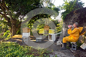 A newly-built double bee hive with a flow super as seen at an apiary in the caribbean