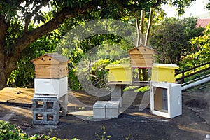 A newly-built double bee hive with a flow super as seen at an apiary in the caribbean