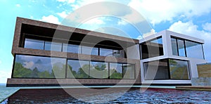 Newly built empty country house. A look through the eyes of a person floating in a pool. 3d render