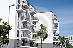 Newly built white apartment buildings