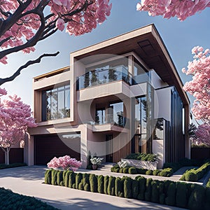 Newly constructed contemporary home under bright sky with cherry trees. Ultra modern, minimalistic, stylish house in brown. A