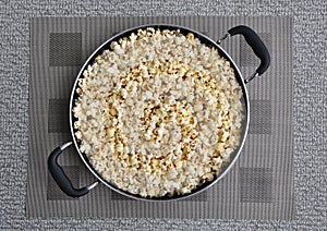 Newly cooked popcorn in a pan