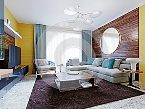 Newly designed living room with modern wall-mounted furniture with a TV and a corner gray sofa with a coffee table. The interior