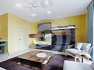 Newly designed living room with modern wall-mounted furniture with a TV and a corner gray sofa with a coffee table. The interior