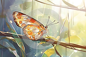 newly emerged butterfly with glistening wings in sunlight