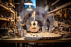 A newly hand-made guitar in the workshop