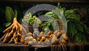 newly harvested ginger roots and their vibrant leaves