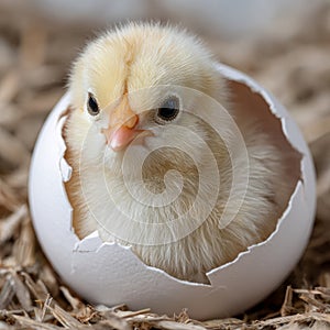 Newly hatched chick emerging from egg in a nest.
