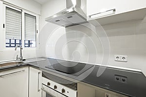 Newly installed kitchen with black stone countertops, white cabinets and stainless steel appliances