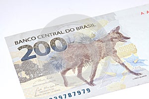 Newly launched 200 Reais brazilian note money bill close up details