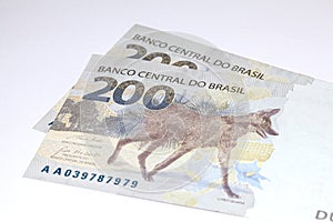 Newly launched 200 Reais brazilian note money bill close up details