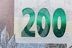 Newly launched 200 Reais brazilian note money bill close up details