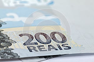 Newly launched 200 Reais brazilian note money bill close up details