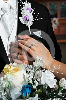 Newly married bride and groom hands with rings