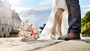 Newly married couple with bridal bouquet, generated image