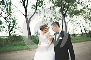 Newly married couple running and jumping in park while holding hands