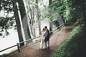 Newly married couple running and jumping in park while holding hands