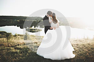 Newly married couple running and jumping in park while holding hands