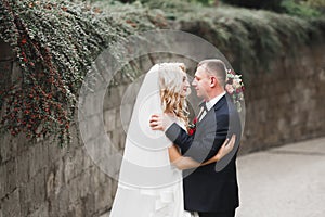 Newly married couple running and jumping in park while holding hands