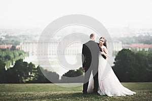 Newly married couple running and jumping in park while holding hands