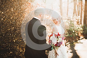 Newly married couple running and jumping in park while holding hands