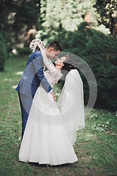 Newly married couple running and jumping in park while holding hands