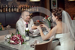 Newly married in restaurant