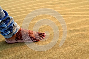 A newly married woman showing her foot with henna design in Sam Sand Dune, Thar desert, Jaisalmer, Rajasthan, India. Indian women