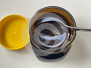 Newly opened yeast extract marmite jar from above photo