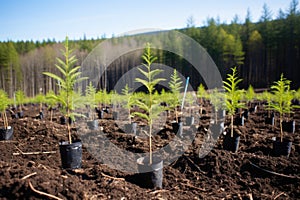 newly-planted saplings in a clearcut forest