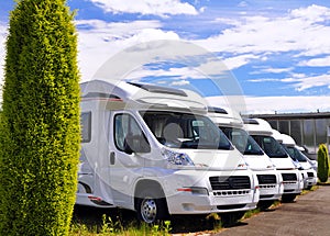 Newly produced motorhomes on a car park in a vehicle factory