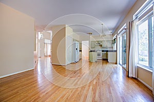 Newly remodeled finished kitchen with oak cabinet and floor