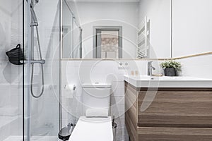 Newly renovated bathroom with small wooden cabinet with drawers and white porcelain sink, shower cabin with glass screen, mirror