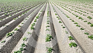 Newly sown potato plantlets in long converging lines