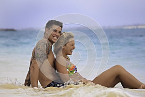 Newly wed couple on the beach