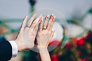 Newly wed couple`s hands with wedding rings